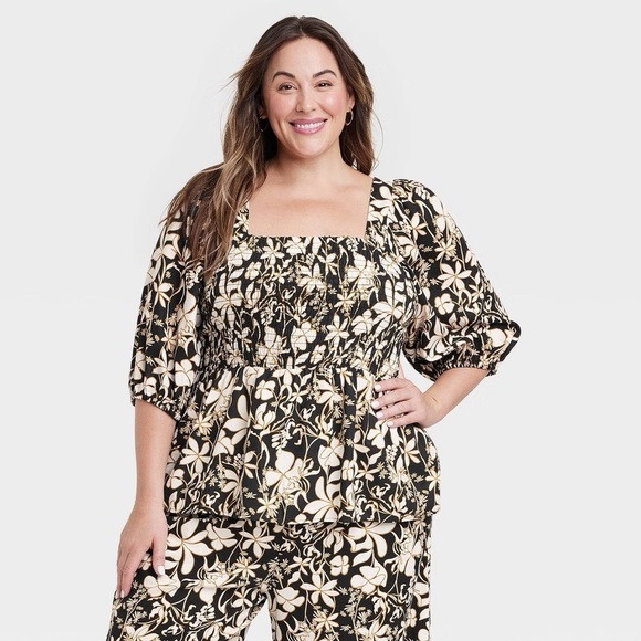 Women's Puff Elbow Sleeve Peplum T-Shirt - Ava & Viv Black Floral - Picture 1 of 7